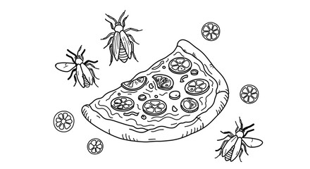 Obraz premium A slice of pizza surrounded by flies and lemon slices, a hand drawn illustration