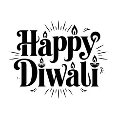 Fototapeta premium Happy Diwali black typography, vintage ornamental style, starburst rays, classic festive headline, greeting poster artwork, vector illustration