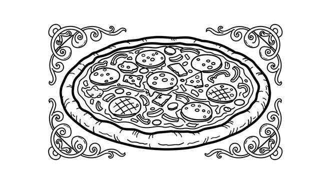 Delicious pizza with pepperoni and vegetables, perfect for coloring book page - Powered by Adobe