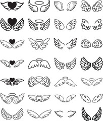 Set of black wings icons on a transparent background. Angel wings icon vector set. Eagle, bird, heraldic, flying, falcon, phoenix, hawk logo. Wings badges. Collection wings badges.
