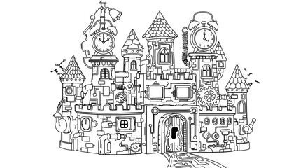 Steampunk castle with clock towers, a whimsical and imaginative architectural design