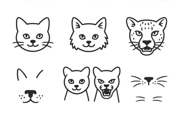 Cat Icon Contrasts. Line style icons of domestic and wild cat contrast: house cat, panther, domestic kitten, wild cheetah; pet cat