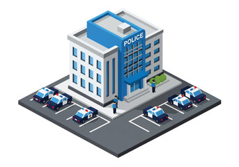 Squared 3D isometric view of a police station with officers and patrol cars outside, symbolizing law enforcement, public safety, security services, and community protection © meeblues