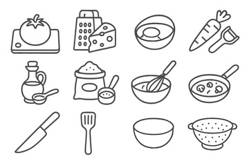 Cooking Utensils Icons. Line style icons of cooking icons with utensils: tomato on cutting board, cheese with grater, egg in bowl,