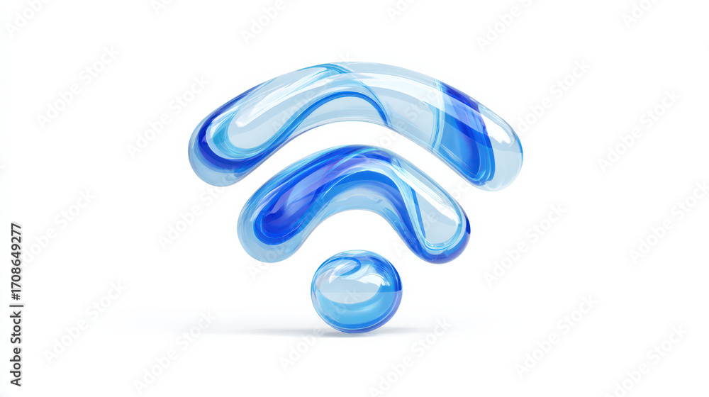 Poster Wireless Connectivity: A vibrant, modern rendition of the WiFi symbol, rendered in a smooth, glossy, and transparent style to showcase the core concept of wireless access and digital connection.