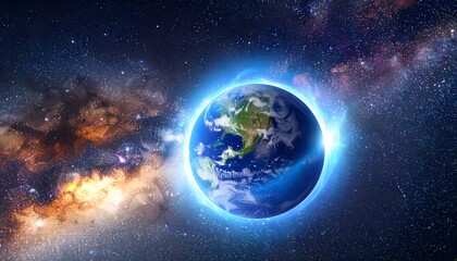 Fototapeta premium Ethereal view of planet Earth from orbit, surrounded by a celestial blue glow against a majestic backdrop of the cosmic starfield and galaxy
