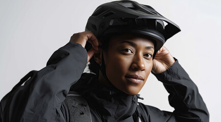 Cyclist adjusts protective helmet while wearing dark jacket in minimalist studio setting.