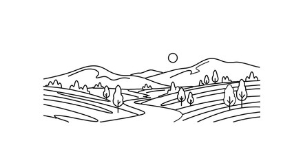 Minimalist landscape illustration depicting a serene valley with mountains and trees