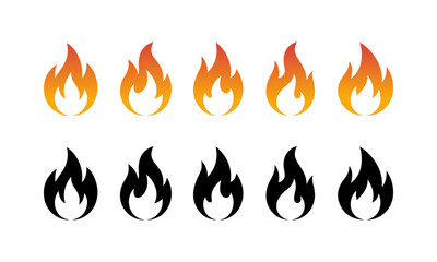5 Fire Flame Icons Set – Gradient Solid Black Silhouette Vector Illustration Design