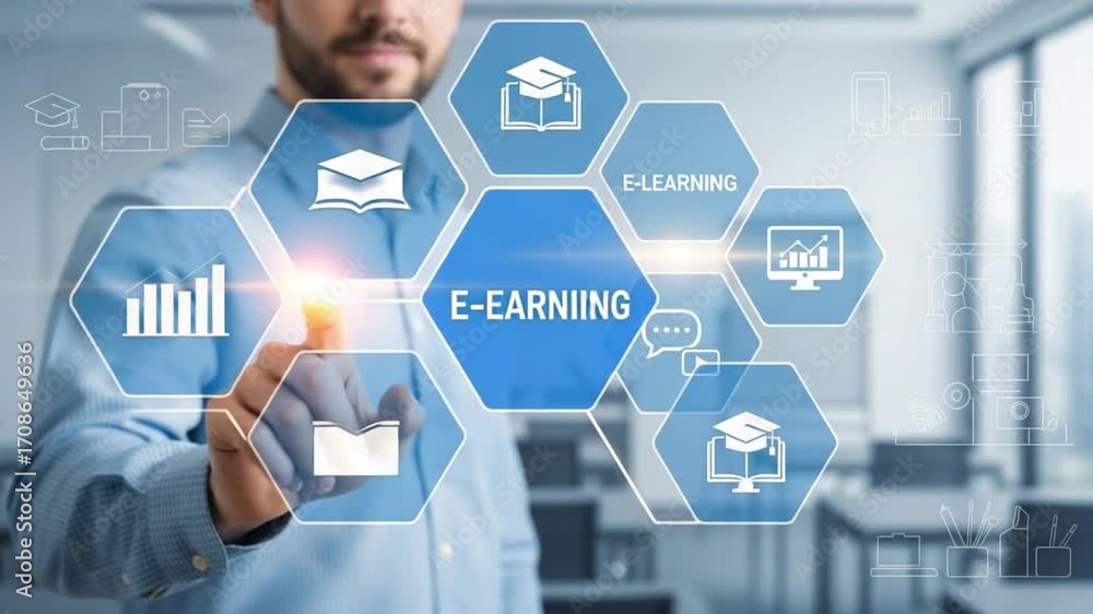 Poster man touching e learning interface with icons of education and statistics in a bright office space