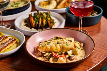 Elegant Grilled Cod in Creamy Sauce with Multiple Exquisite Dishes