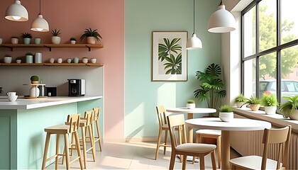 Bright pastel café with mint and blush pink walls, natural wood furniture, indoor plants, and large windows. Fresh, airy, and perfect for a relaxing coffee or brunch time.