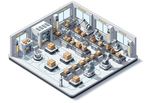 Squared 3D isometric view of a futuristic automated warehouse with conveyor belts, robotic arms, and AI-powered machines managing packages, symbolizing logistics, smart industry, and advanced supply
