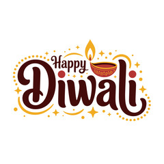 Happy Diwali decorative script, sparkling dots accents, diya flame shapes, cheerful festival logo, festive greeting design, vector