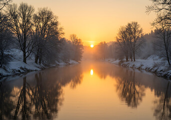 Winter river sunrise tranquil reflection snow trees