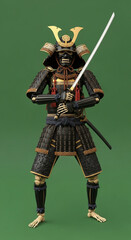 Fototapeta premium halloween Spooky Samurai Warrior in Traditional Armor Holding a Sword Against a Green Screen, Detailed Costume, Creepy Mood, Pr...