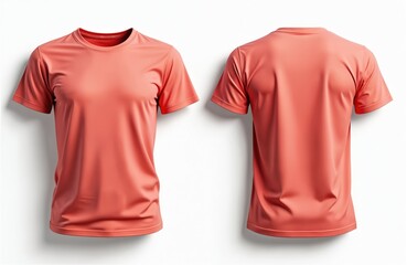 Coral t-shirt displayed front and back view. Modern casual attire, comfortable lightweight cotton fabric, versatile unisex style. Plain background for online retail, summer wear, everyday outfit.