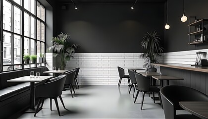 Modern industrial café with black walls, white subway tiles, and soft pendant lighting. Minimalist tables and plants create a cozy, stylish coffee shop ambiance.