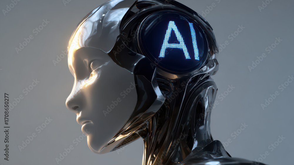 Poster digital artificial intelligence: a close-up shot unveils a sleek, futuristic robot head illuminated 