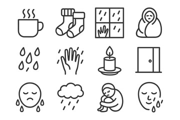 Rainy Day Comfort. Line style icons of rainy day moods: steaming mug, curled up socks, window view, wrapped blanket; raindrop