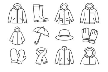 Weather Gear Icons. Line style icons of weather gear: waterproof jacket, tall boots, raincoat with hood, windbreaker; poncho,