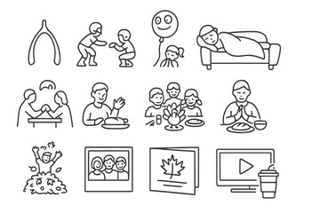 Thanksgiving and Coffee Icons. Line style icons of Thanksgiving traditions: wishbone, parade balloon, football game, couch nap;