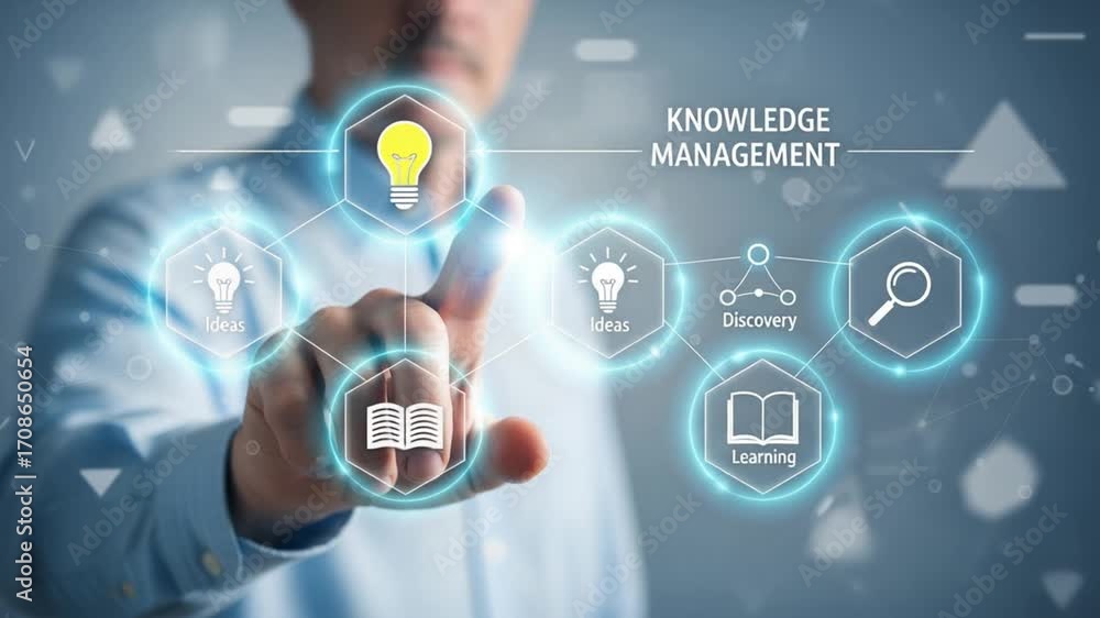 Poster man touching knowledge management interface with ideas discovery and learning icons displayed clearl