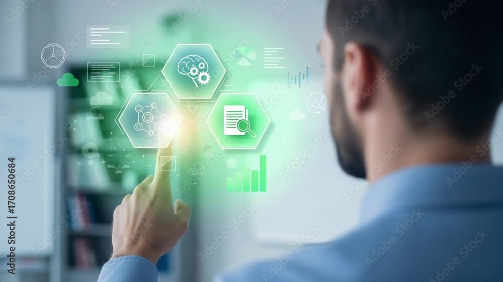 Poster man interacting with digital interface displaying brain gears and document icons in a bright office