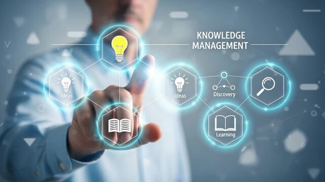Man touching knowledge management interface with ideas discovery and learning icons displayed clearly