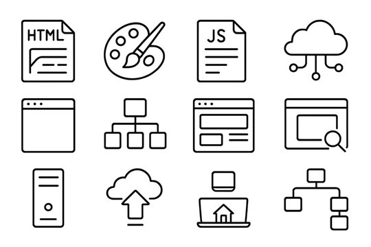 Web Development Icons. Line style icons of web development: HTML file, CSS palette, JS script, API icon; browser window, DOM tree,