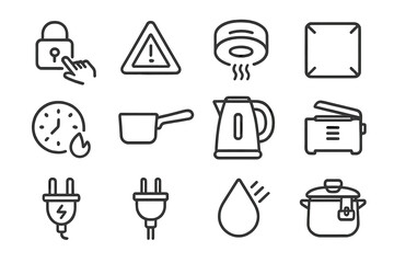 Kitchen Safety Icons. Line style icons of kitchen safety features: child lock icon, overheat alert, smoke sensor, anti-slip base;
