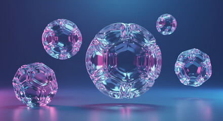 Futuristic Glowing Geometric Spheres on Reflective Neon Surface Background