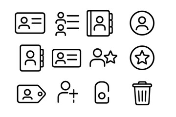 Contact Icons Collection. Line style icons of contact management: contact card, user list, phonebook, profile icon; address book,