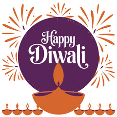 Happy Diwali round emblem, glowing diya at bottom, radiating starbursts, purple background, traditional festival badge, vector illustration
