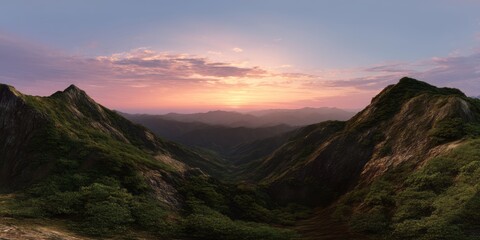 Naklejka premium Breathtaking sunrise over mountain valley hdr panoramic view nature landscape scenic environment wide angle perspective