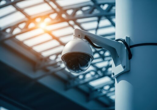 A modern security camera mounted on a pole, with a bright sun flare in the background, suggesting surveillance and safety