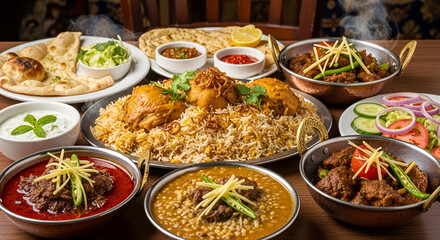 Delicious biryani and assorted curries on a wooden table