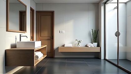 Scandinavian bathroom with dark floor tiles, floating wooden vanity, wide mirror, and frameless glass shower. Soft lighting and indoor plant create a cozy, stylish, and clean ambiance.