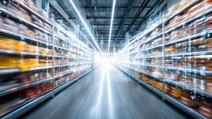 Blurred motion view of a well-lit supermarket aisle with shelves stocked with products
