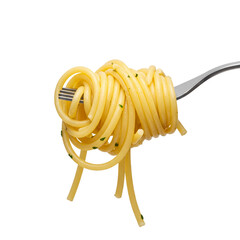 Fork with swirled spaghetti noodles on a transparent background, isolate