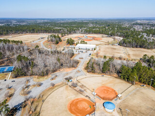 Aerial landscape of Patriots Park Grovetown winter after Hurricane Helene Augusta Georgia