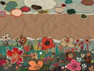Collage with flowers and clouds made of torn paper
