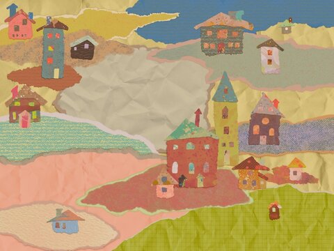 Collage with islands and houses made of torn paper