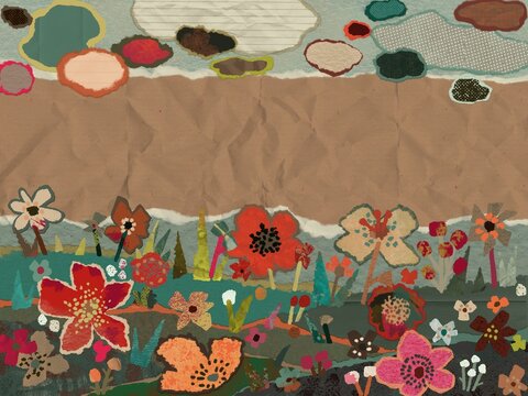 Collage with flowers and clouds made of torn paper