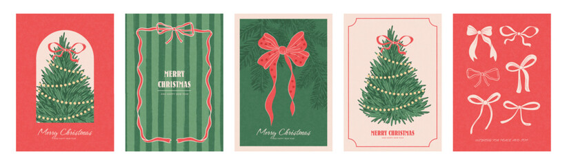 Vintage collection of Christmas greeting card designs with hand drawn illustrations of Christmas tree and various festive bows. Created in retro style with light paper texture for posters or social