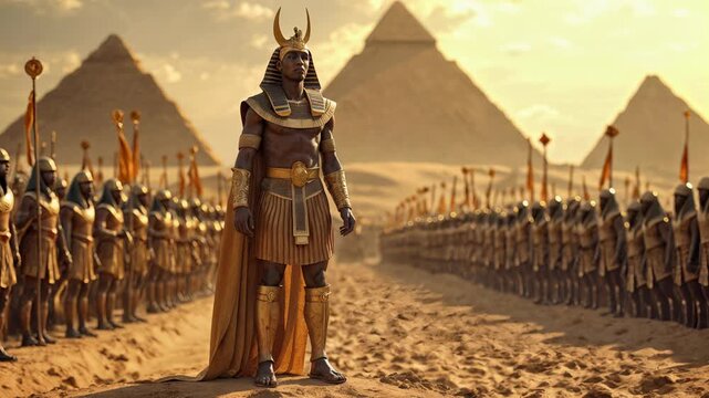 Majestic Egyptian pharaoh in golden royal attire leading vast army formation with Great Pyramid backdrop. Epic ancient civilization scene with dramatic desert sunset lighting.