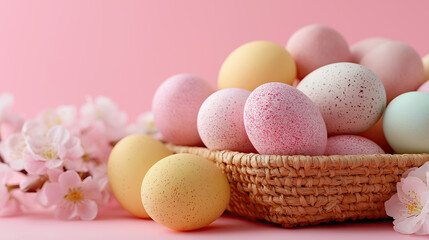 Pastel-colored Easter eggs nestled in wooden basket
