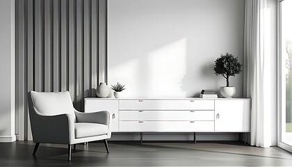 Modern corner design with a soft white armchair and sleek sideboard. Vertical wall panels and gentle daylight create a clean, elegant, and calming reading or relaxing space.
