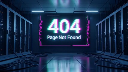 Server Room Displaying Error 404 Page Not Found with Glitch Effect and Cables - Powered by Adobe
