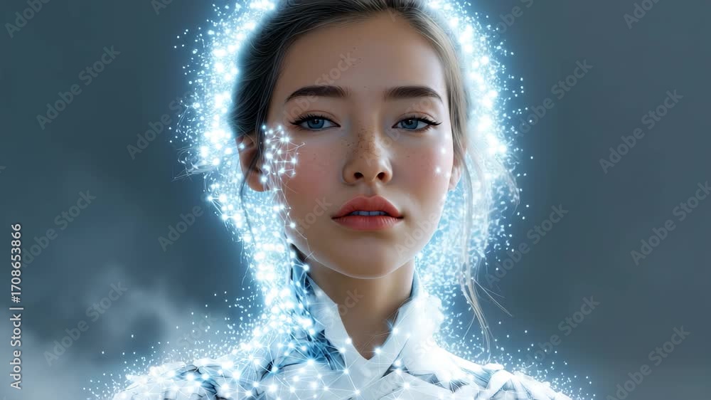 Poster exploration of generative ai through a futuristic portrait of a young woman showcasing intricate dig